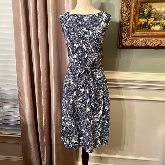 NWT Anne Klein Chelsea Blue White Paisley Print Linen Blend Dress Size 12 - Picture 2 of 5